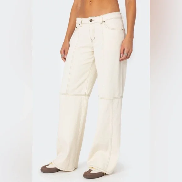 NWOT - Edikted Contrast Stitch Low Rise Jeans in Cream - Size L - Picture 8 of 9